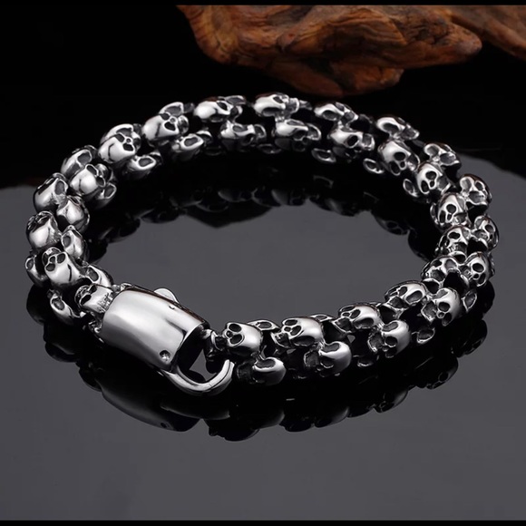 Stainless Steel Silver Black Skull Link Chain Gothic Men  skeleton link bracelet
  mens fancy beads
  Skull, stainless steel bracelet